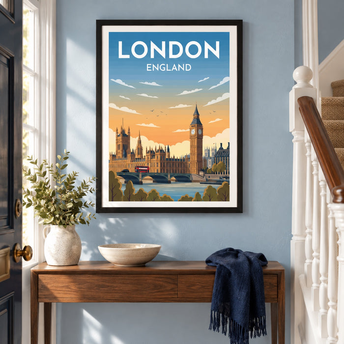 United Kingdom travel prints displayed in a home